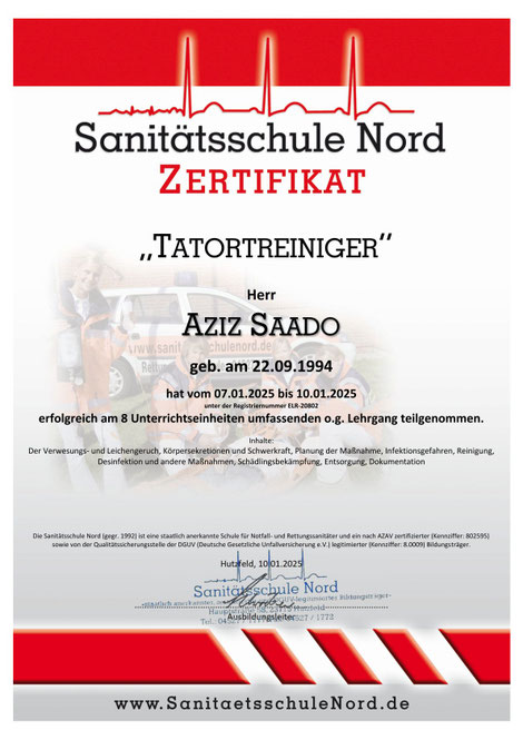 Zertifikat Tatortreiniger der Sanitätsschule Nord für SAADO